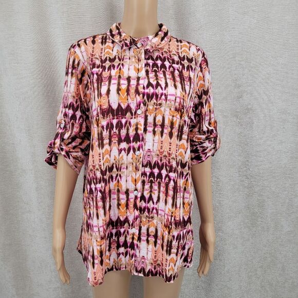 Intro Linen Rayon Colorful Button-Up Shirt Adjustable Roll Tab Sleeves Women's M - Picture 7 of 12